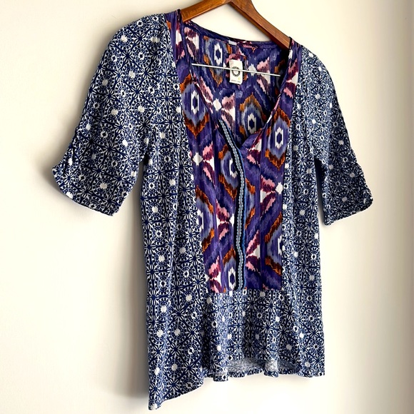 Anthropologie Akemi + Kin Blue Purple Split Neck Ikat Boho Top - Picture 4 of 11